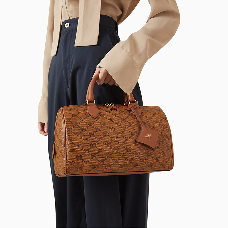 NEW $830 MCM Cognac LAURETOS LOGO Monogram Canvas Medium Ella BOSTON BAG & STRAP