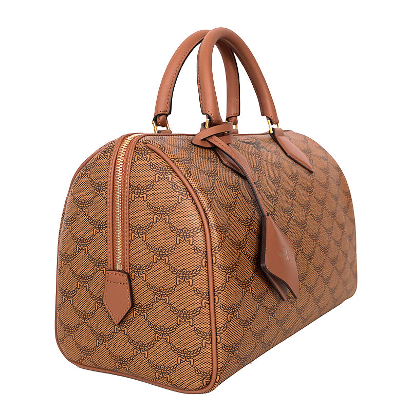 NEW $830 MCM Cognac LAURETOS LOGO Monogram Canvas Medium Ella BOSTON BAG & STRAP