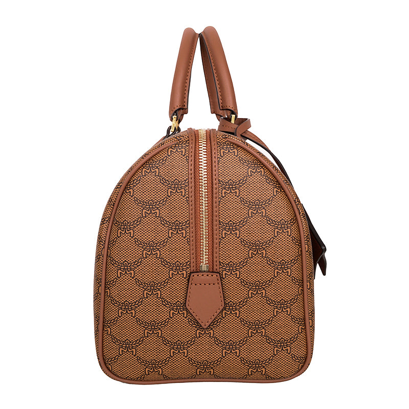 NEW $830 MCM Cognac LAURETOS LOGO Monogram Canvas Medium Ella BOSTON BAG & STRAP