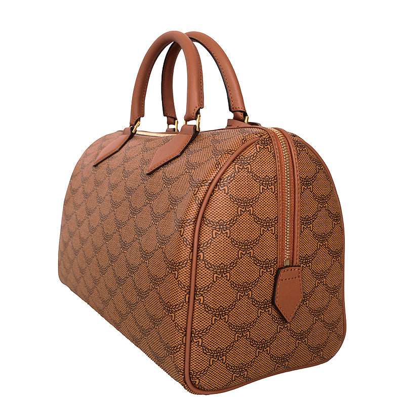 NEW $830 MCM Cognac LAURETOS LOGO Monogram Canvas Medium Ella BOSTON BAG & STRAP