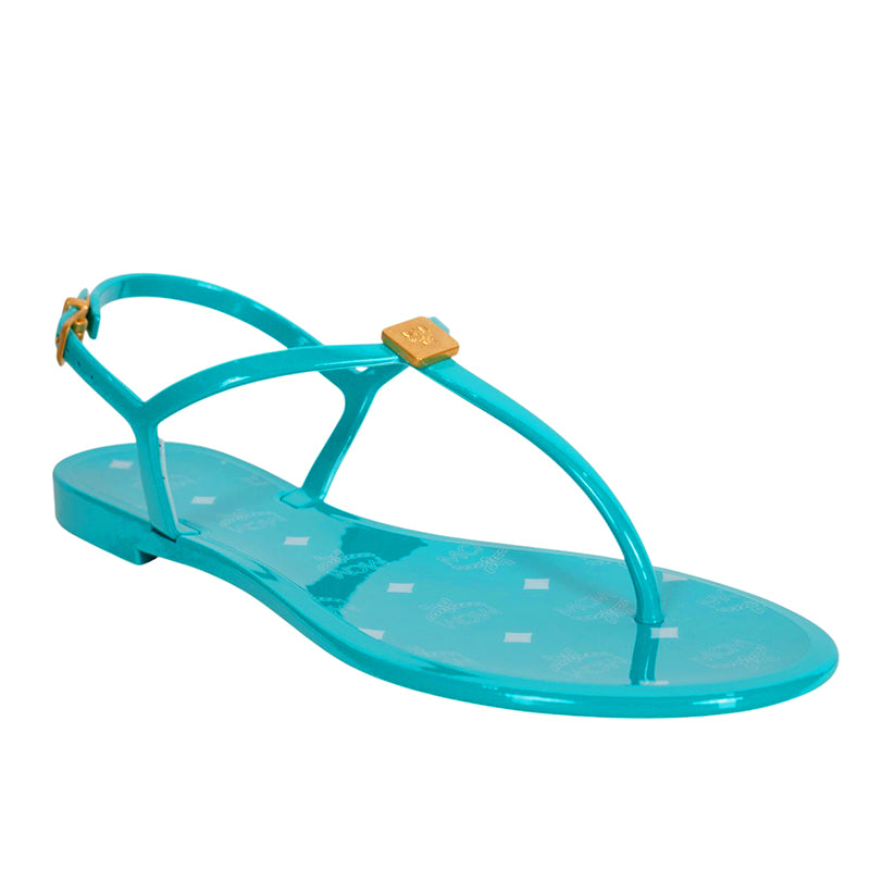 37 NEW $290 MCM Woman Ceramic Turquoise Blue LOGO Pool Slides SANDALS Made ITALY