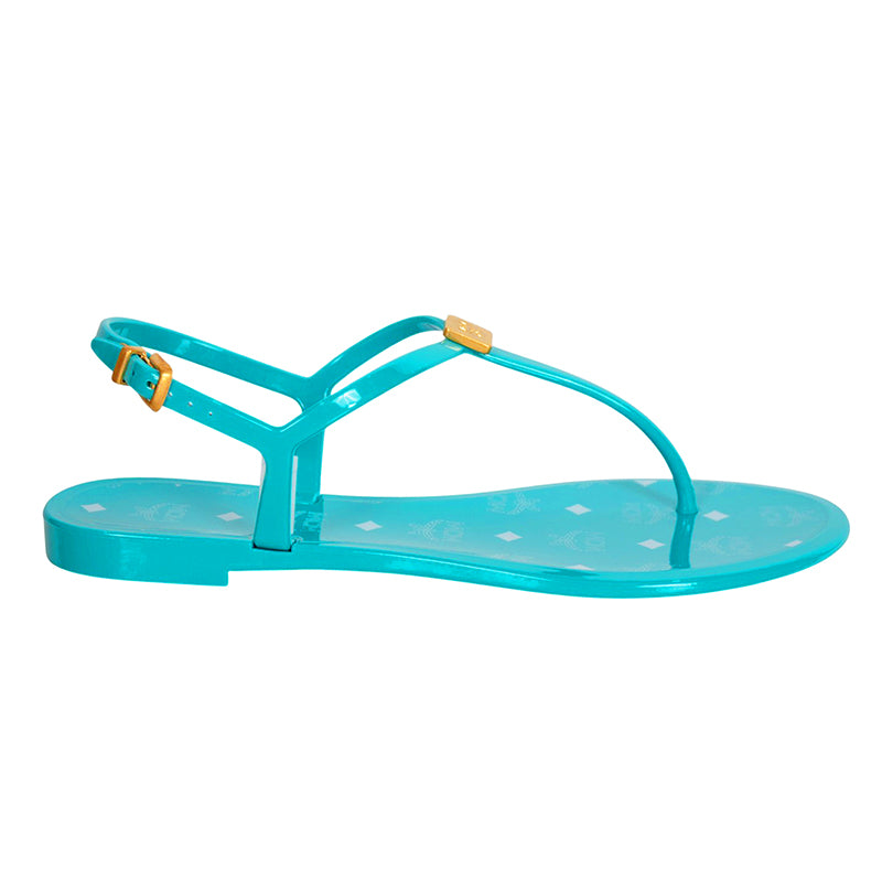 37 NEW $290 MCM Woman Ceramic Turquoise Blue LOGO Pool Slides SANDALS Made ITALY
