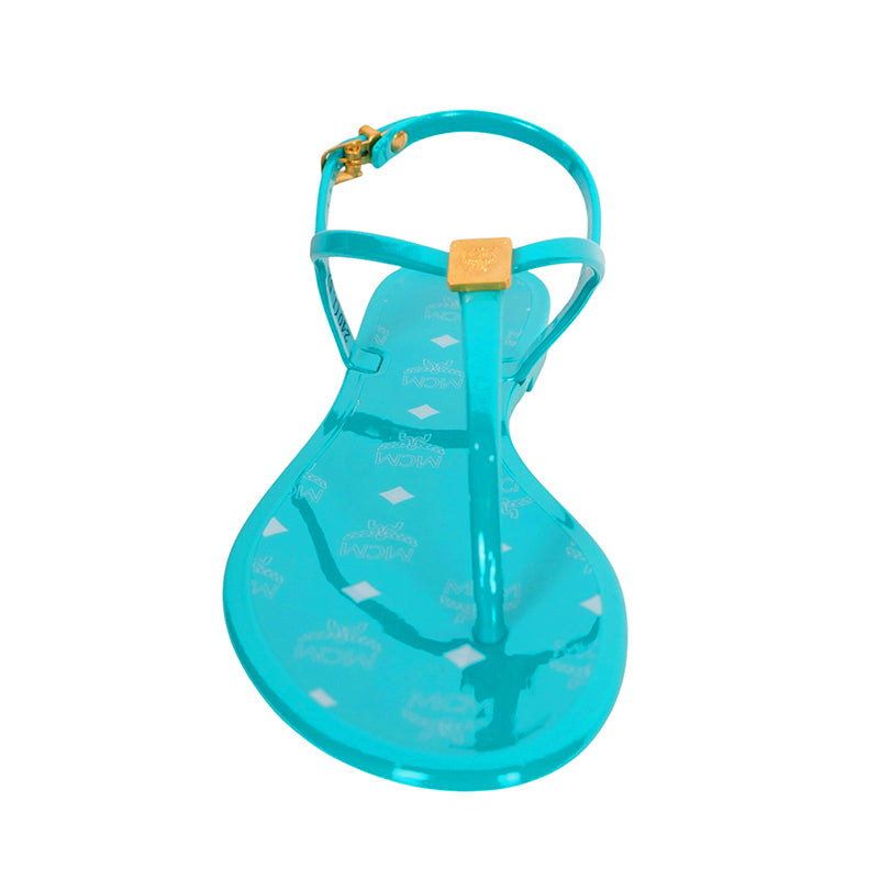 37 NEW $290 MCM Woman Ceramic Turquoise Blue LOGO Pool Slides SANDALS Made ITALY