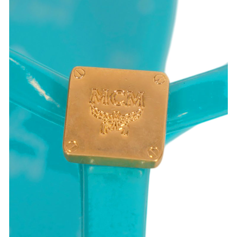 37 NEW $290 MCM Woman Ceramic Turquoise Blue LOGO Pool Slides SANDALS Made ITALY