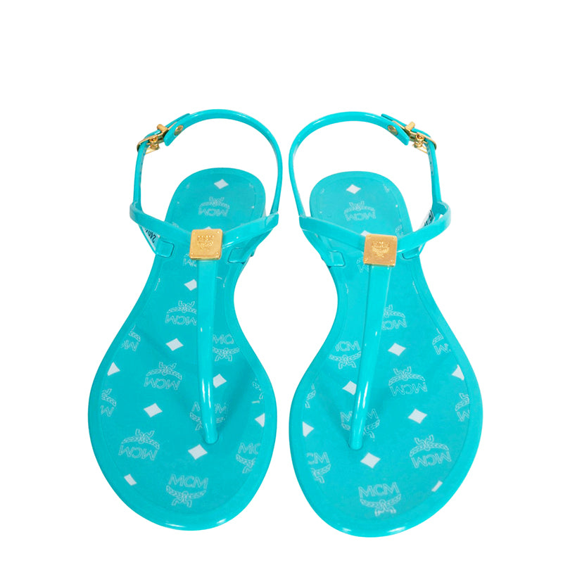 37 NEW $290 MCM Woman Ceramic Turquoise Blue LOGO Pool Slides SANDALS Made ITALY