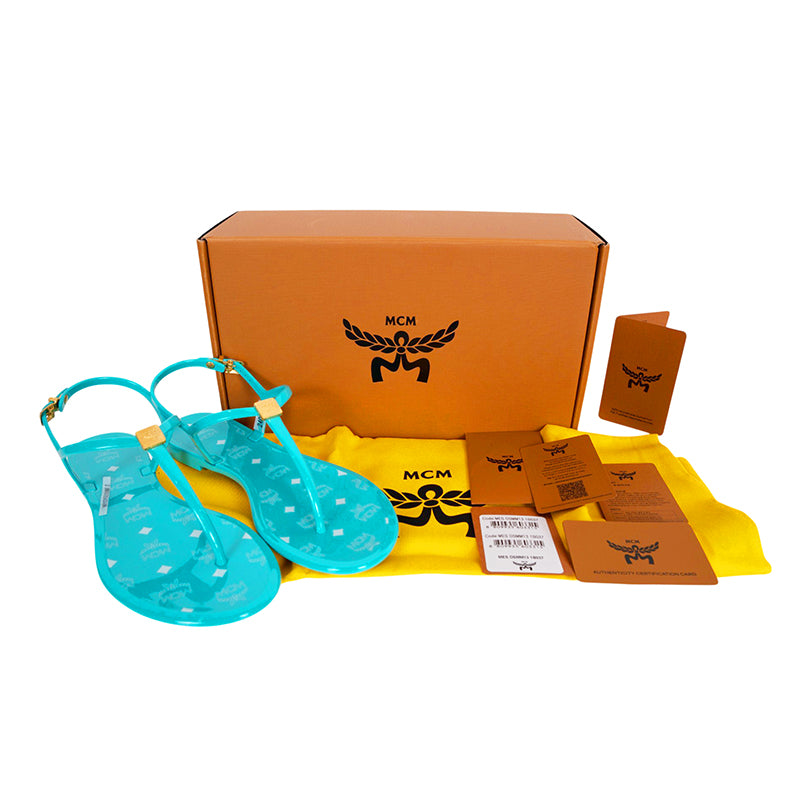 37 NEW $290 MCM Woman Ceramic Turquoise Blue LOGO Pool Slides SANDALS Made ITALY
