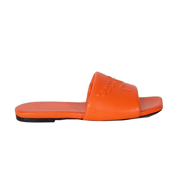 37 NEW $490 MCM Orange Italian Lamb Leather LAUREL LOGO Flat Slide SANDALS NIB