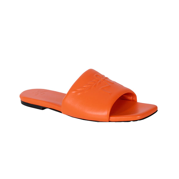 37 NEW $490 MCM Orange Italian Lamb Leather LAUREL LOGO Flat Slide SANDALS NIB