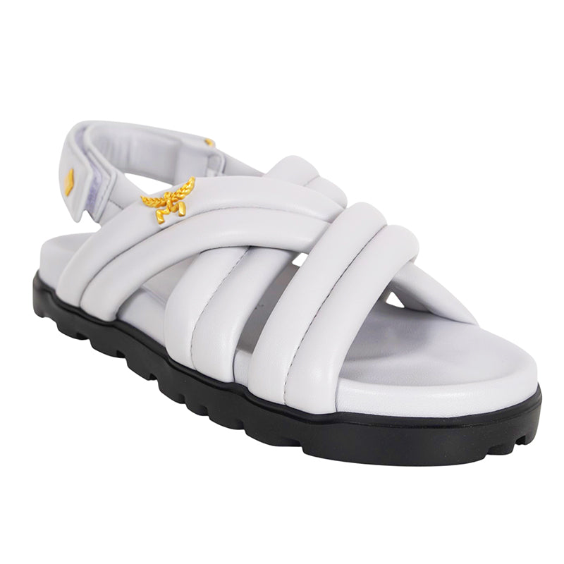 sz 37/38 NEW $630 MCM Munich to Mars 2024 Light Gray Lambskin Leather CROSS SANDALS