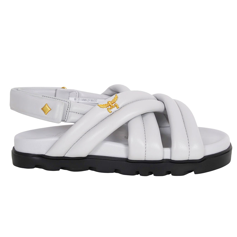 sz 37/38 NEW $630 MCM Munich to Mars 2024 Light Gray Lambskin Leather CROSS SANDALS