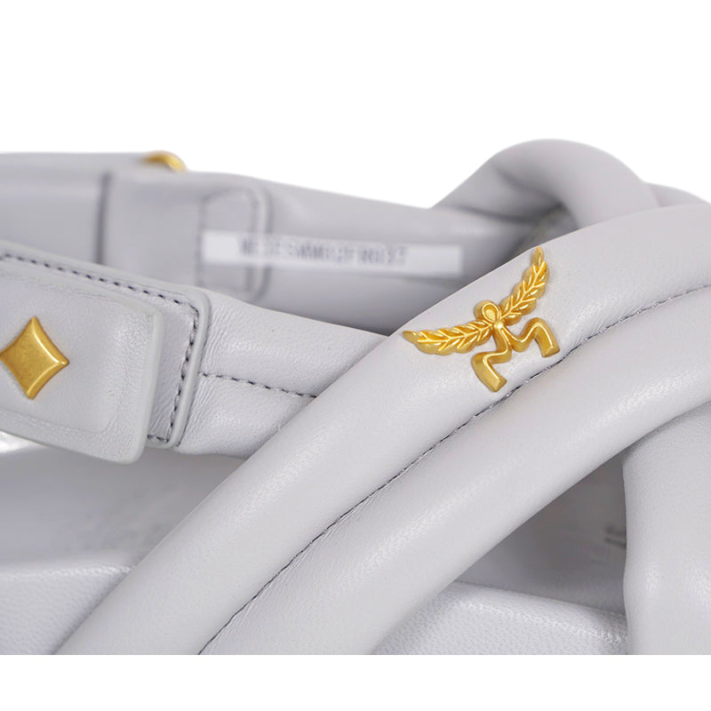 sz 37/38 NEW $630 MCM Munich to Mars 2024 Light Gray Lambskin Leather CROSS SANDALS