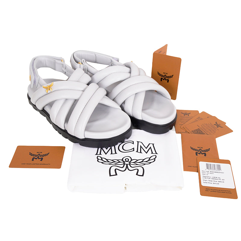 sz 37/38 NEW $630 MCM Munich to Mars 2024 Light Gray Lambskin Leather CROSS SANDALS