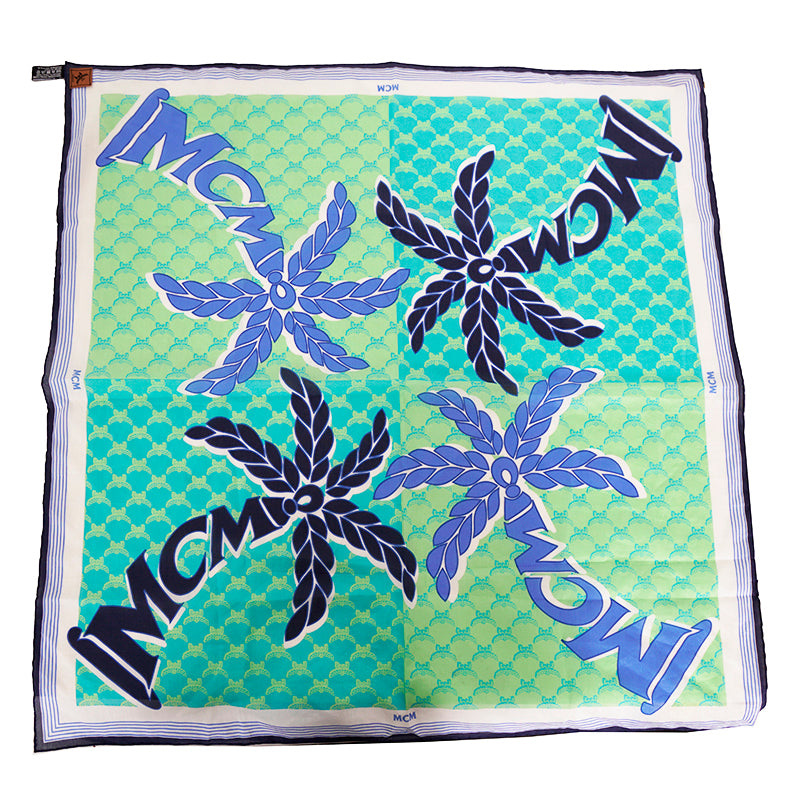 NEW $250 MCM Blue PALM TREE Monogram Print Cotton-Silk Bandana 26" Square SCARF