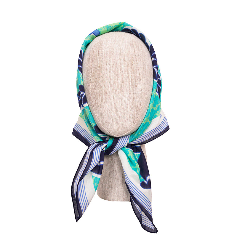 NEW $250 MCM Blue PALM TREE Monogram Print Cotton-Silk Bandana 26" Square SCARF