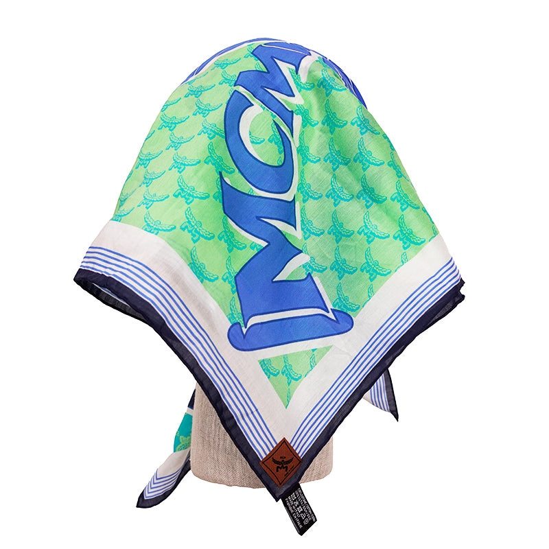 NEW $250 MCM Blue PALM TREE Monogram Print Cotton-Silk Bandana 26" Square SCARF