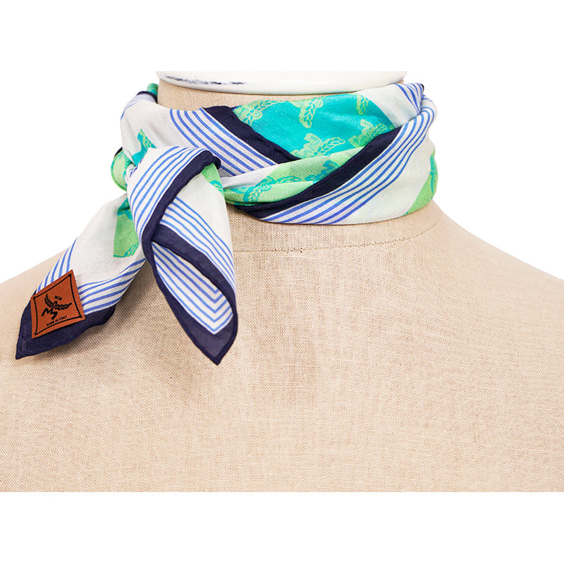 NEW $250 MCM Blue PALM TREE Monogram Print Cotton-Silk Bandana 26" Square SCARF