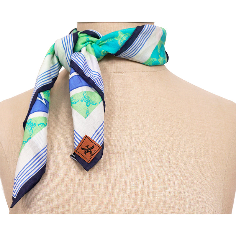 NEW $250 MCM Blue PALM TREE Monogram Print Cotton-Silk Bandana 26" Square SCARF