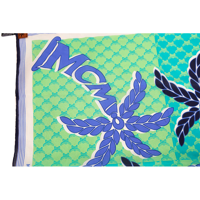 NEW $250 MCM Blue PALM TREE Monogram Print Cotton-Silk Bandana 26" Square SCARF