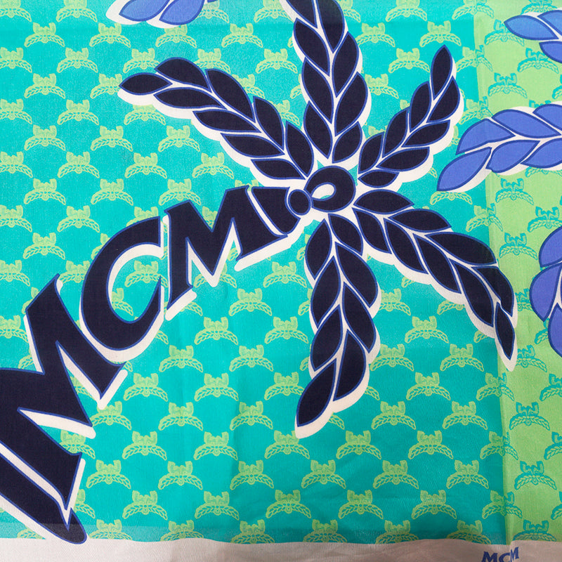 NEW $250 MCM Blue PALM TREE Monogram Print Cotton-Silk Bandana 26" Square SCARF
