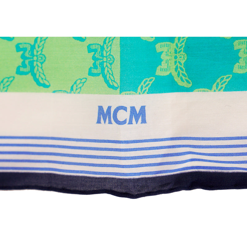 NEW $250 MCM Blue PALM TREE Monogram Print Cotton-Silk Bandana 26" Square SCARF