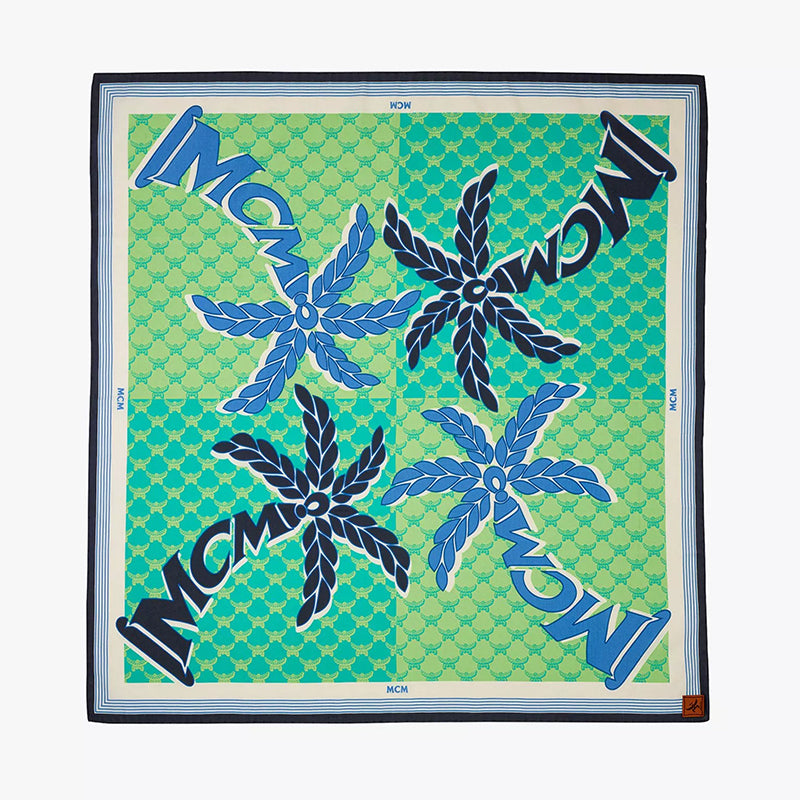 NEW $250 MCM Blue PALM TREE Monogram Print Cotton-Silk Bandana 26" Square SCARF