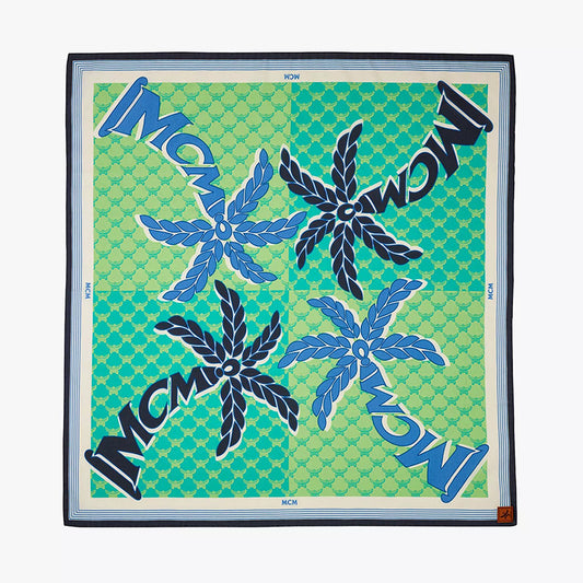 NEW $250 MCM Blue PALM TREE Monogram Print Cotton-Silk Bandana 26" Square SCARF