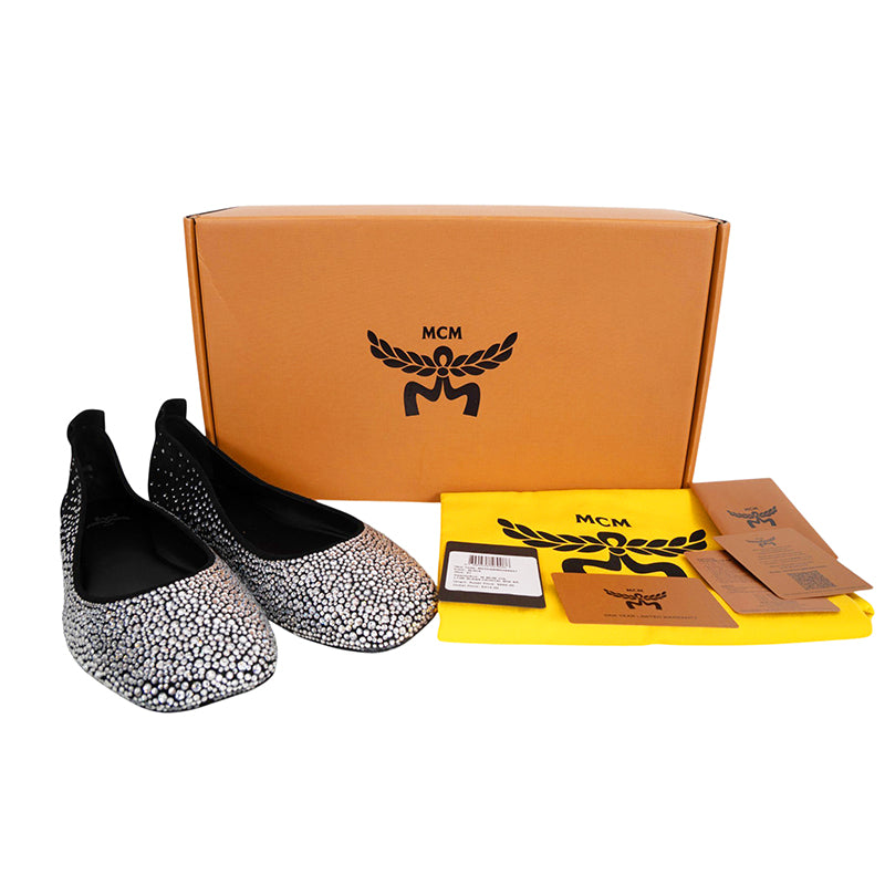 sz 37 NEW $690 MCM Munich to Mars 2024 Black Suede CRYSTAL GRADIENT BALLET FLATS