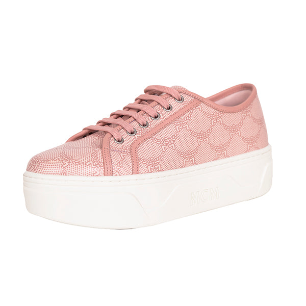 38/39 NEW $490 MCM Woman's PINK MONOGRAM Coated Canvas Skyward PLATFORM SNEAKERS