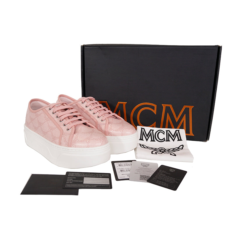 38/39 NEW $490 MCM Woman's PINK MONOGRAM Coated Canvas Skyward PLATFORM SNEAKERS