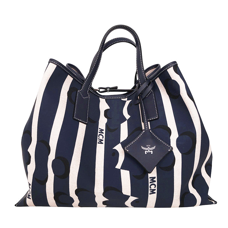 NEW $780 MCM Navy Beach Club Stripe CLOWN FISH Canvas AREN SHOPPER TOTE BAG NWT