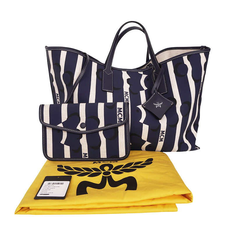 NEW $780 MCM Navy Beach Club Stripe CLOWN FISH Canvas AREN SHOPPER TOTE BAG NWT