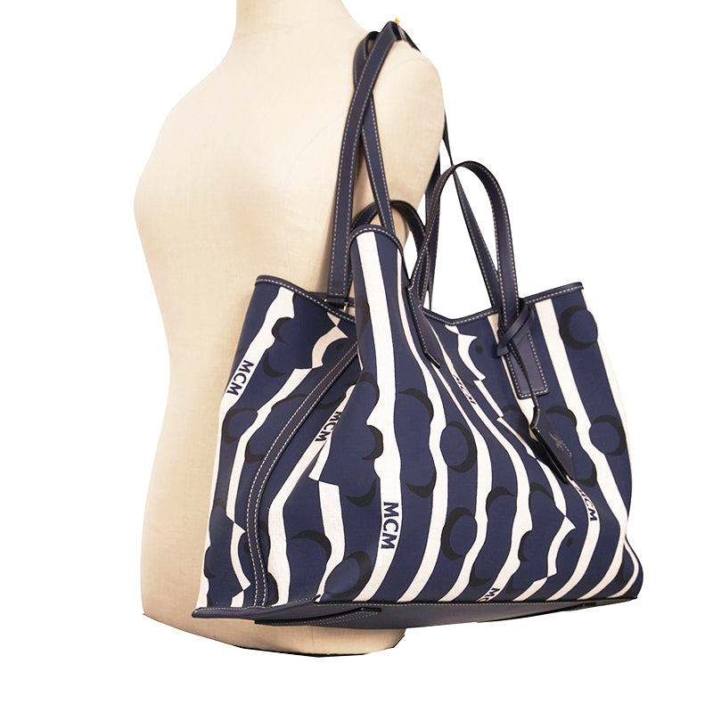 NEW $780 MCM Navy Beach Club Stripe CLOWN FISH Canvas AREN SHOPPER TOTE BAG NWT