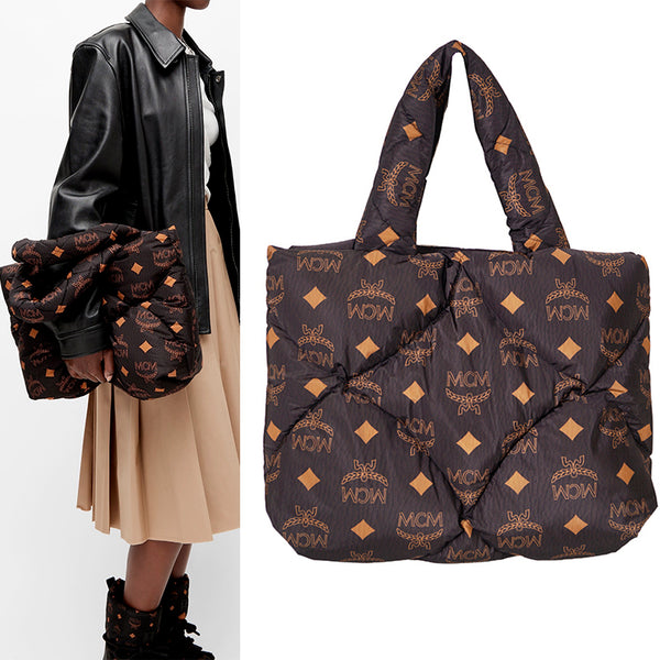 NEW $890 MCM Black LOGO Monogram Maxi Munchen QUILTED Nylon PUFFER TOTE BAG NWT