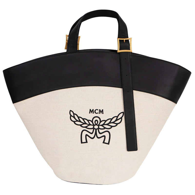 NEW $1450 MCM Natural Cotton Linen Canvas & Black Leather LARGE HIMMEL TOTE BAG