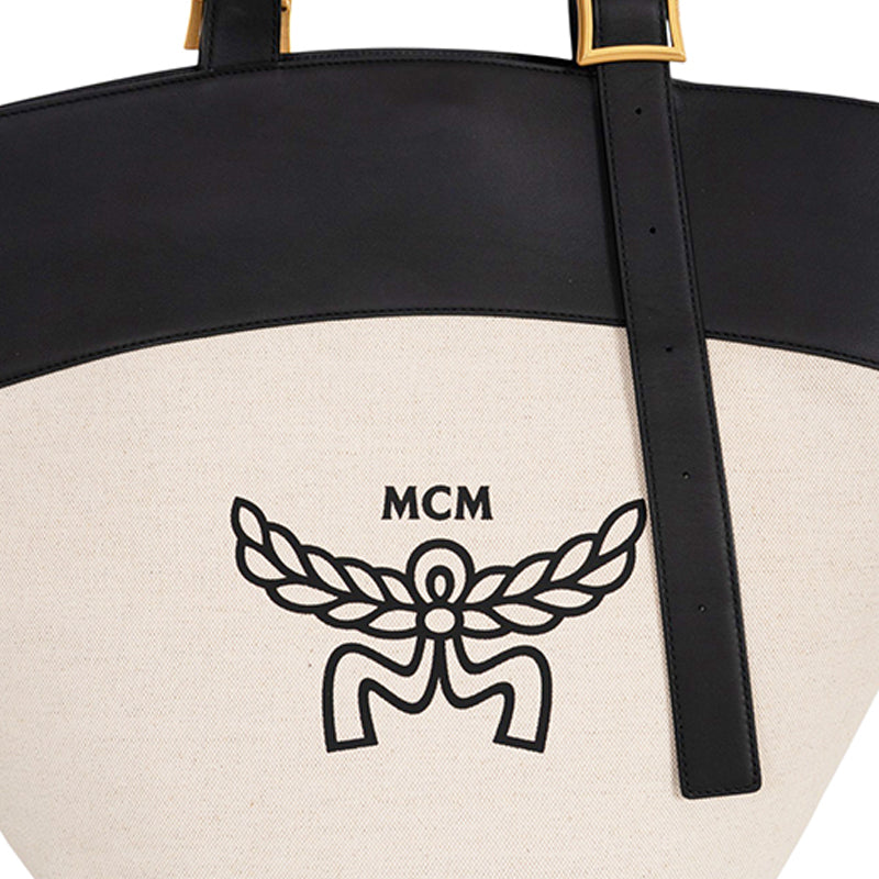 NEW $1450 MCM Natural Cotton Linen Canvas & Black Leather LARGE HIMMEL TOTE BAG