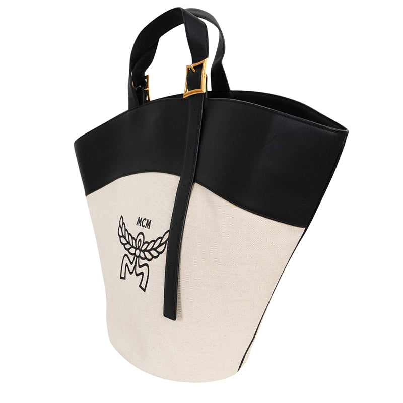 NEW $1450 MCM Natural Cotton Linen Canvas & Black Leather LARGE HIMMEL TOTE BAG