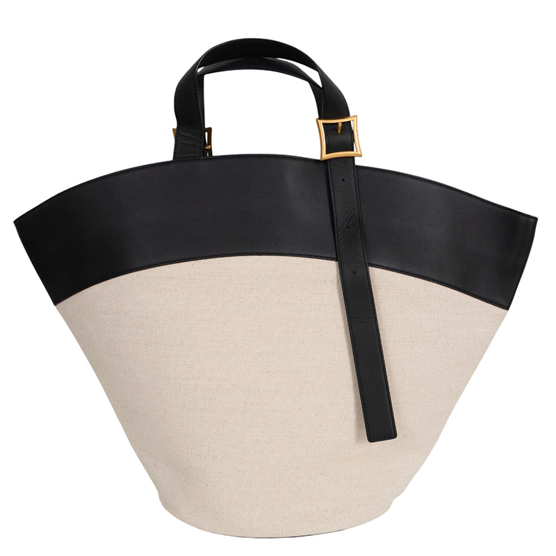 NEW $1450 MCM Natural Cotton Linen Canvas & Black Leather LARGE HIMMEL TOTE BAG