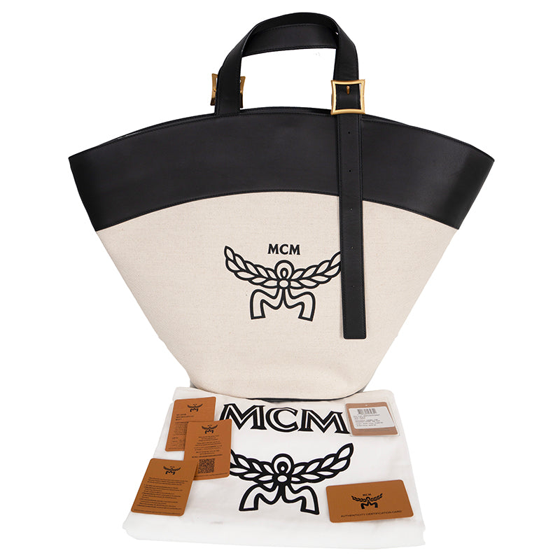 NEW $1450 MCM Natural Cotton Linen Canvas & Black Leather LARGE HIMMEL TOTE BAG