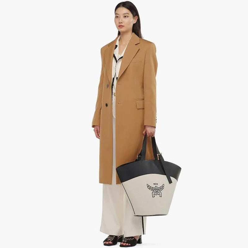 NEW $1450 MCM Natural Cotton Linen Canvas & Black Leather LARGE HIMMEL TOTE BAG