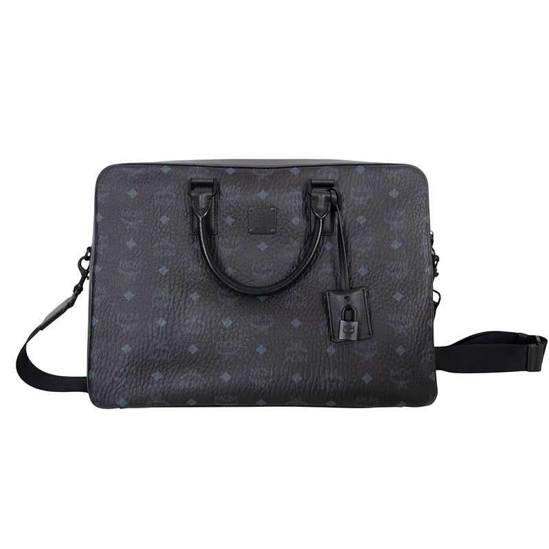 NEW $890 MCM Black Gray COATED CANVAS Klassik Visetos Briefcase BAG w/ STRAP