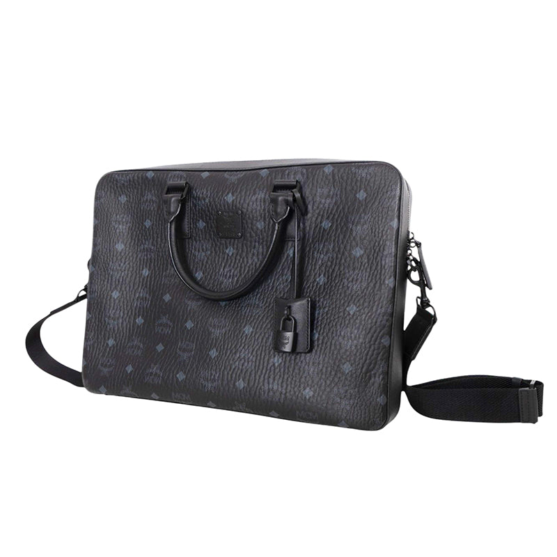 NEW $890 MCM Black Gray COATED CANVAS Klassik Visetos Briefcase BAG w/ STRAP
