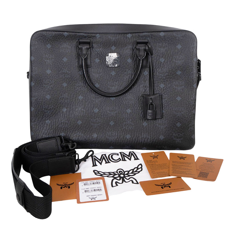 NEW $890 MCM Black Gray COATED CANVAS Klassik Visetos Briefcase BAG w/ STRAP
