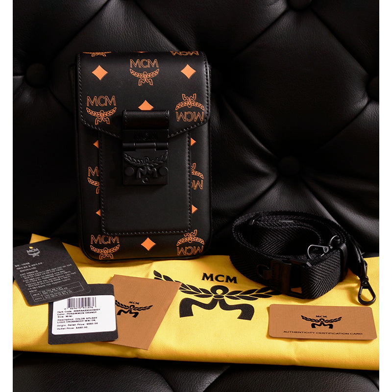 NEW $660 MCM Black Orange Vallarta COLOR SPLASH Monogram Logo Crossbody BAG NWT