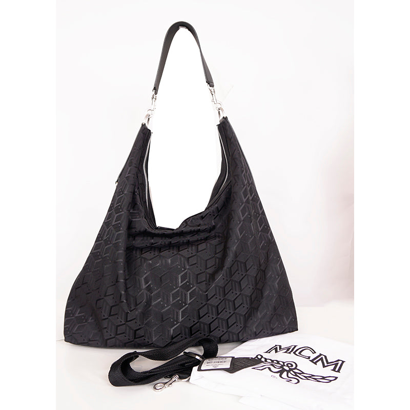 NEW $950 MCM Black CUBIC LOGO Monogram Nylon Sporty Aren X-Large Hobo 2-Way BAG