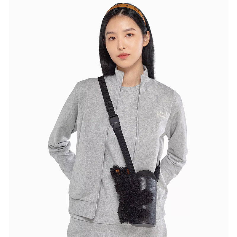 NEW $830 MCM Black Fx Fur RABBIT BUNNY Visetos Logo Park BOTTLE HOLDER BAG NWT