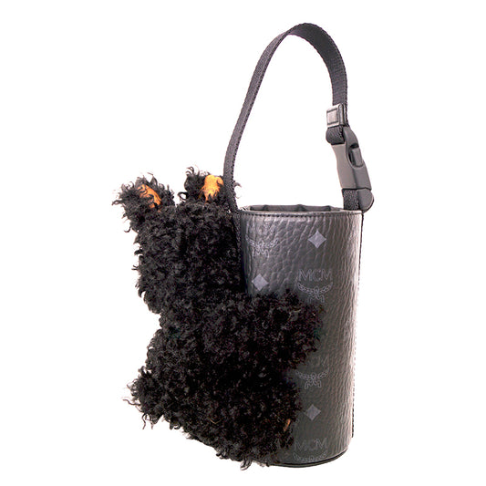 NEW $830 MCM Black Fx Fur RABBIT BUNNY Visetos Logo Park BOTTLE HOLDER BAG NWT