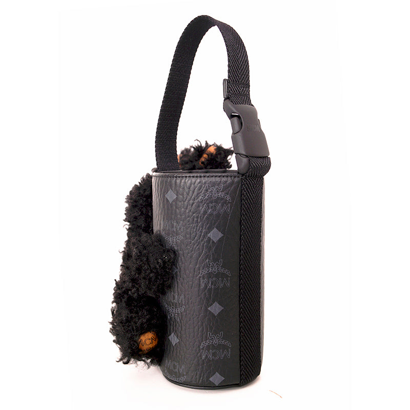 NEW $830 MCM Black Fx Fur RABBIT BUNNY Visetos Logo Park BOTTLE HOLDER BAG NWT