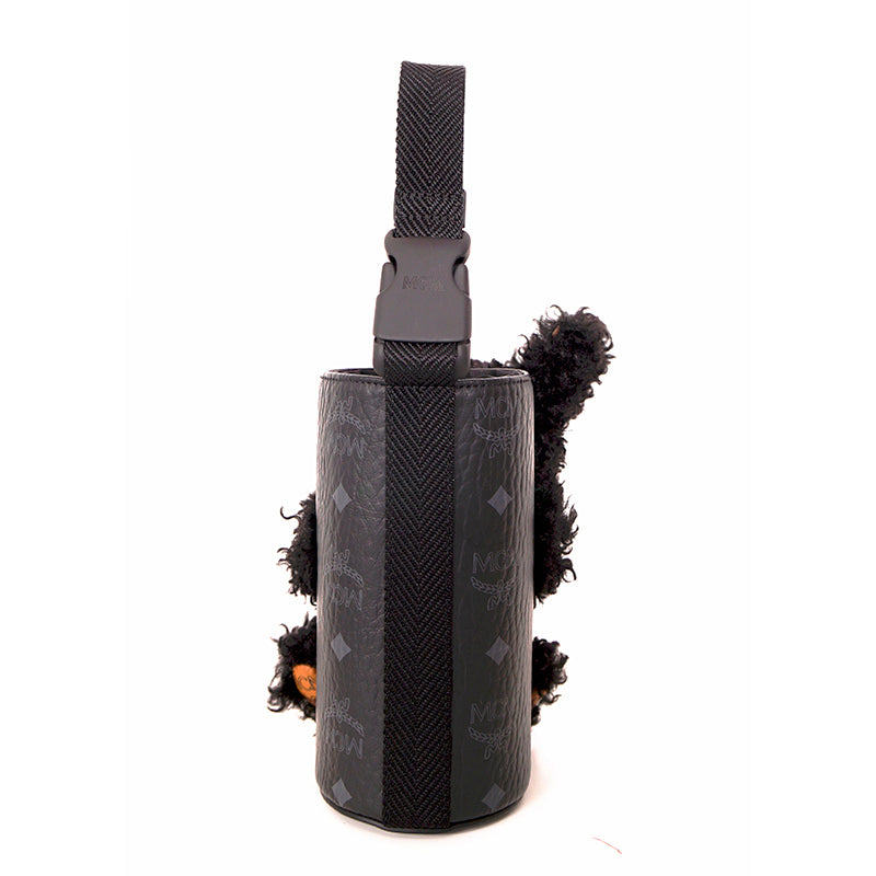 NEW $830 MCM Black Fx Fur RABBIT BUNNY Visetos Logo Park BOTTLE HOLDER BAG NWT