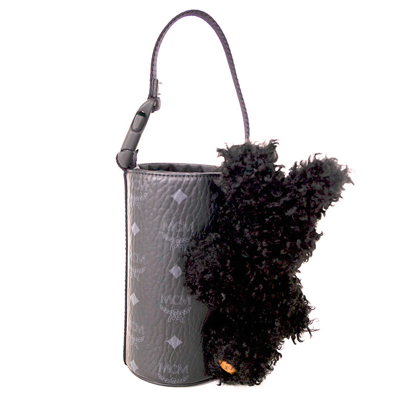 NEW $830 MCM Black Fx Fur RABBIT BUNNY Visetos Logo Park BOTTLE HOLDER BAG NWT