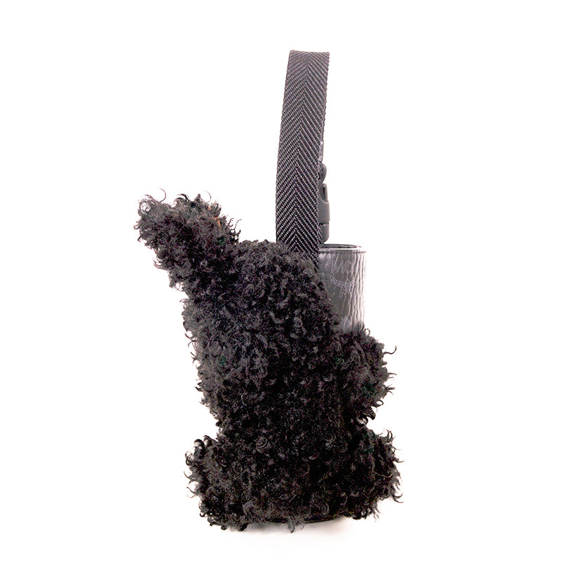 NEW $830 MCM Black Fx Fur RABBIT BUNNY Visetos Logo Park BOTTLE HOLDER BAG NWT